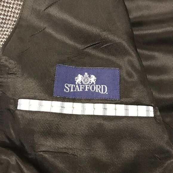 Stafford Merino Wool Sport Coat Mens 48R Classic Fit Grey Houndstooth Blazer - Picture 2 of 5